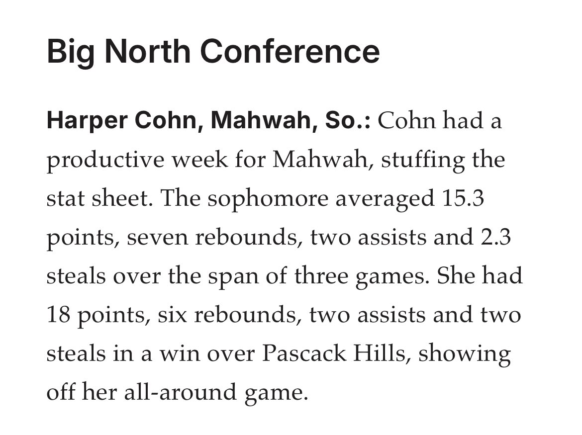 Harper Cohn (@harpercohn) on Twitter photo Honored to be named Big North Conference player of the week by <a href="/HSSportsNJ/">NJ.com HS Sports</a> Looking forward to a strong finish! Honored to be named Big North Conference player of the week by <a href="/HSSportsNJ/">NJ.com HS Sports</a> Looking forward to a strong finish!