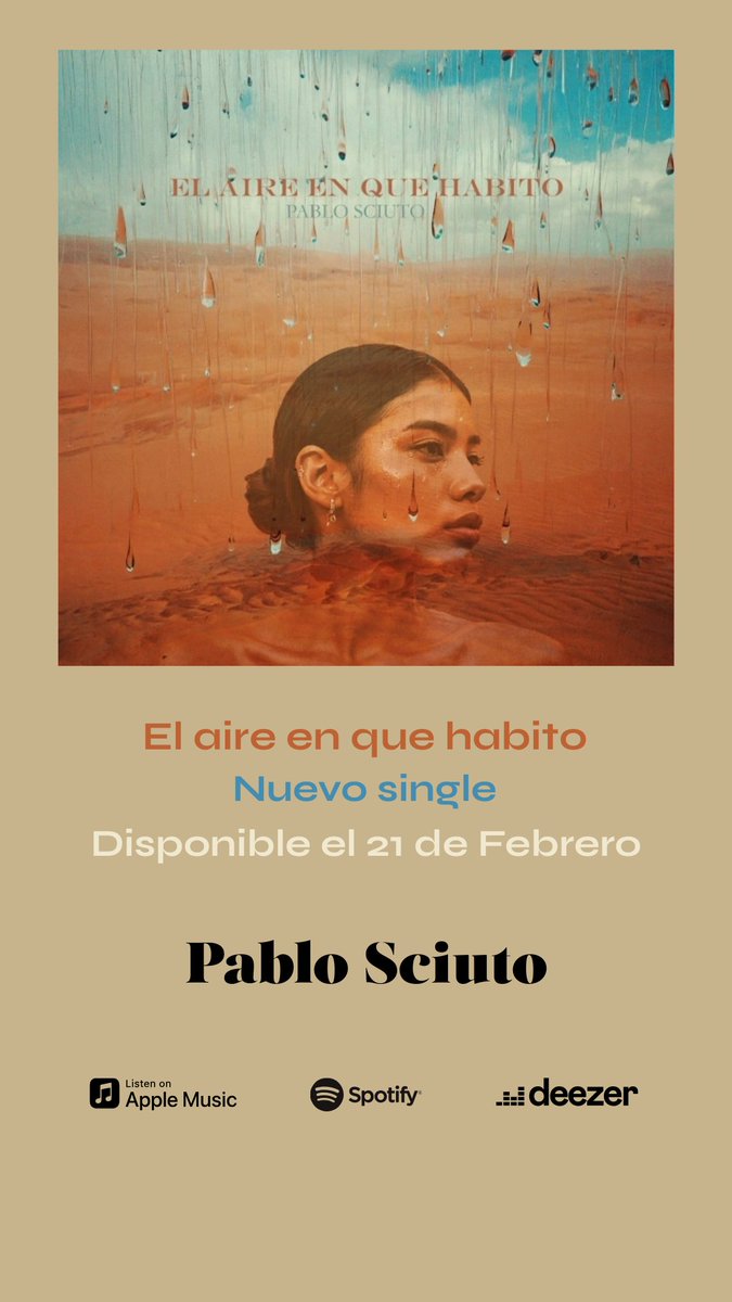 Pablo Sciuto (@sciutopablo) on Twitter photo Ya puedes hacer el pre-save de mi último single "El aire en que habito" disponible el 21 de Febrero.
<a href="/SpotifySpain/">Spotify Spain</a> <a href="/SpotifyMexico/">Spotify Mexico</a> <a href="/SpotifyARG/">Spotify Argentina</a> <a href="/SpotifyColombia/">Spotify Colombia</a>
<a href="/SpotifyChile/">Spotify Chile</a>
bfan.link/el-aire-en-que… Ya puedes hacer el pre-save de mi último single "El aire en que habito" disponible el 21 de Febrero.
<a href="/SpotifySpain/">Spotify Spain</a> <a href="/SpotifyMexico/">Spotify Mexico</a> <a href="/SpotifyARG/">Spotify Argentina</a> <a href="/SpotifyColombia/">Spotify Colombia</a>
<a href="/SpotifyChile/">Spotify Chile</a>
bfan.link/el-aire-en-que…