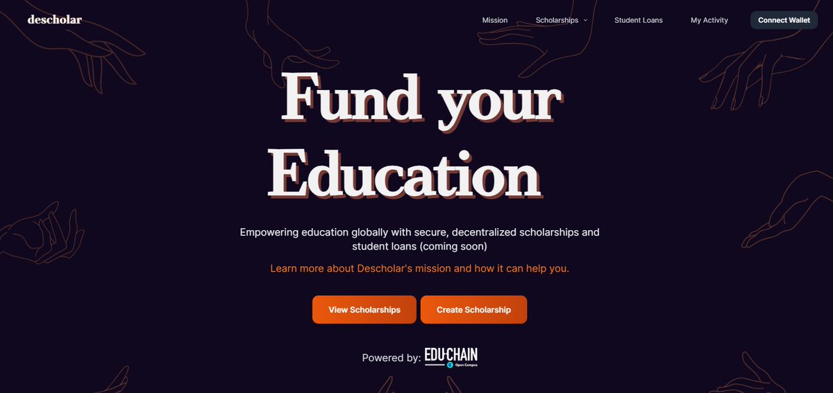 2/ <a href="/0xDescholar/">Descholar</a> (descholar.com)

Believe that education should be for everyone, no matter the financial circumstances? 

Descholar aims to create decentralized scholarships and student loans,  enabling access to verified students and educators via Open Campus ID, and