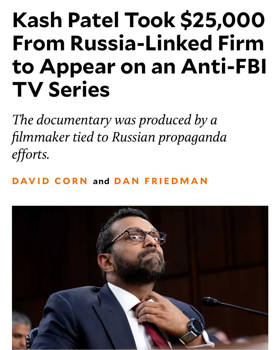 RpsAgainstTrump's tweet photo. Last year, Kash Patel, the MAGA provocateur whom Donald Trump has nominated to head the FBI, received $25,000 from a Russia-linked production company to participate in a documentary in which he assailed the FBI and called for closing its headquarters. https://t.co/V2n6IGzstH