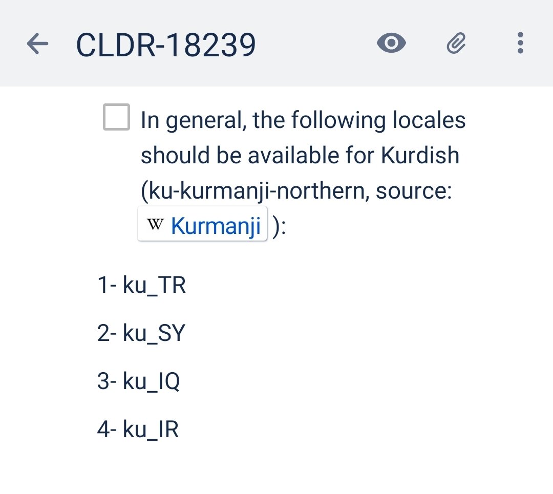 Xebatên me yên standardkirina kodên kurdî berdewam e, em hewl didin ku hin eyarên din ên herêmî li kurdî bên zêdekirin.
Berî niha me ku_SY daxwaz kiribû, niha jî ku_IQ û ku_IR.
#kurdish