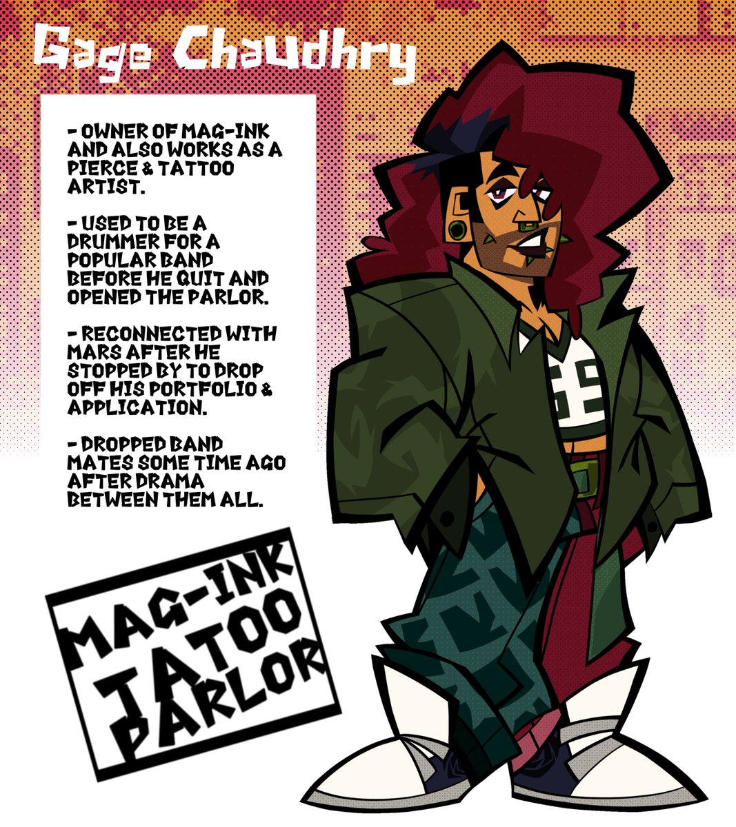 A follow-up of full designs and headcanons for the two speakers from my  fill for Domini's tattoo artist script, Mars and Gage! #audioroleplay #art, image size:1067x1200