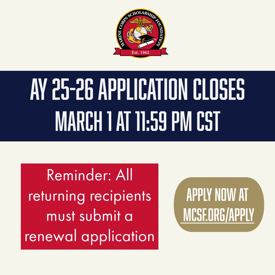 MarineScholars's tweet photo. Attention #MarineScholar applicants: Our 25-26 AY application will close in THREE WEEKS on March 1 at 11:59 p.m. CST!

Questions? Contact scholarship@mcsf.org or call the Help Desk at (866)-496-5462. Don't wait - the Help Desk will close on Friday, February 28 at 5 p.m. EST. https://t.co/1tmr4Grgrk
