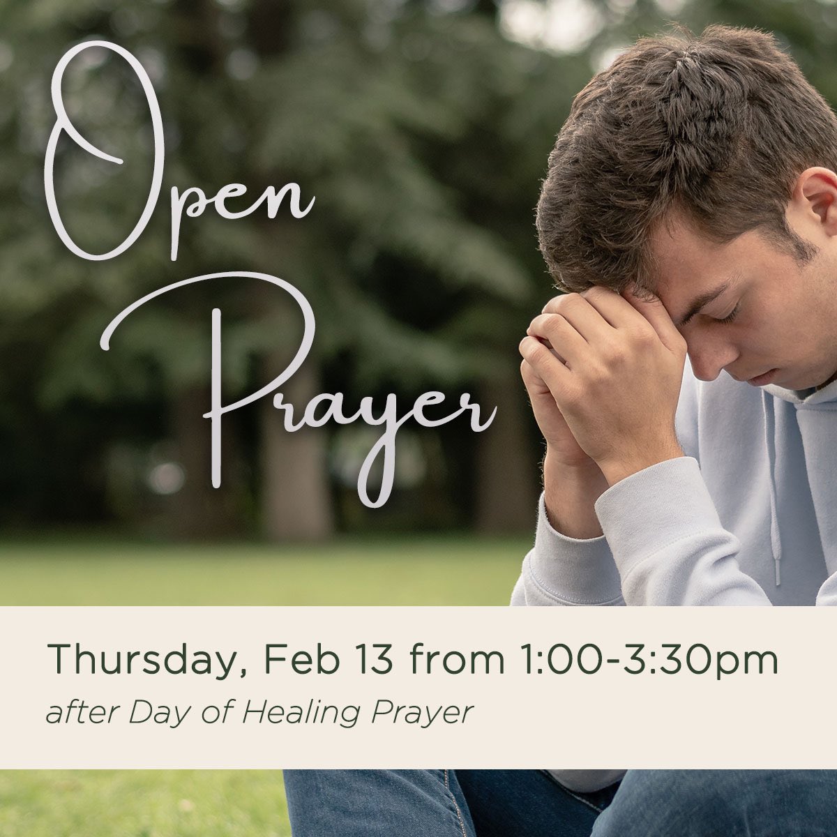 Join us Thursday afternoon, February 13 for Open Prayer. Come and receive individual ministry on a first-come, first served basis anytime between 1:00pm and 3:30pm (EST).

More info: shorturl.at/DonGo