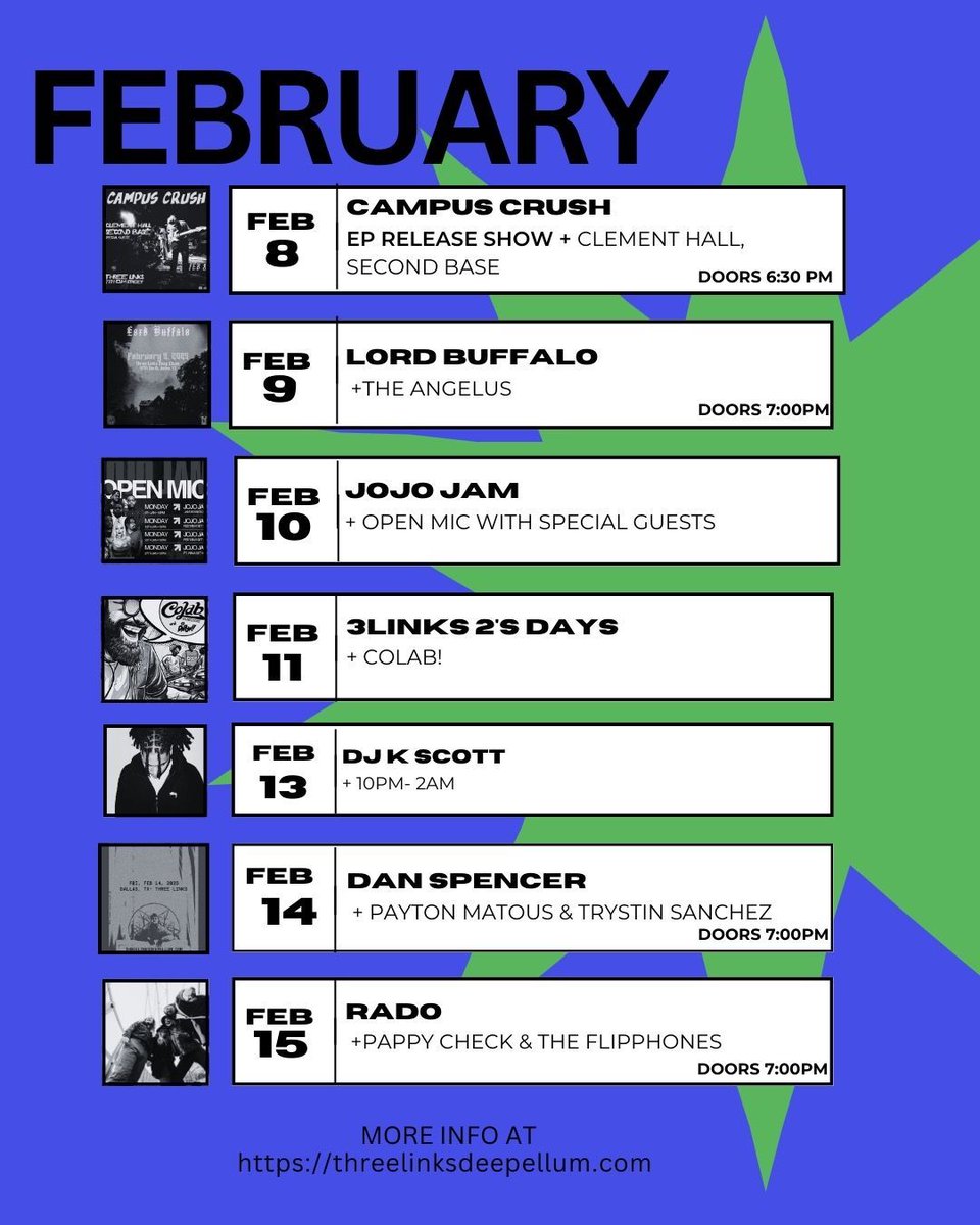 THIS WEEK!

2/8- Campus Crush - RELEASE SHOW

2/9- Lord Buffalo

2/10- JOJO JAM

2/11- 3 LINKS 2’S DAYS

2/13- DJ K SCOTT

2/14- Dan Spencer

2/15- RADO