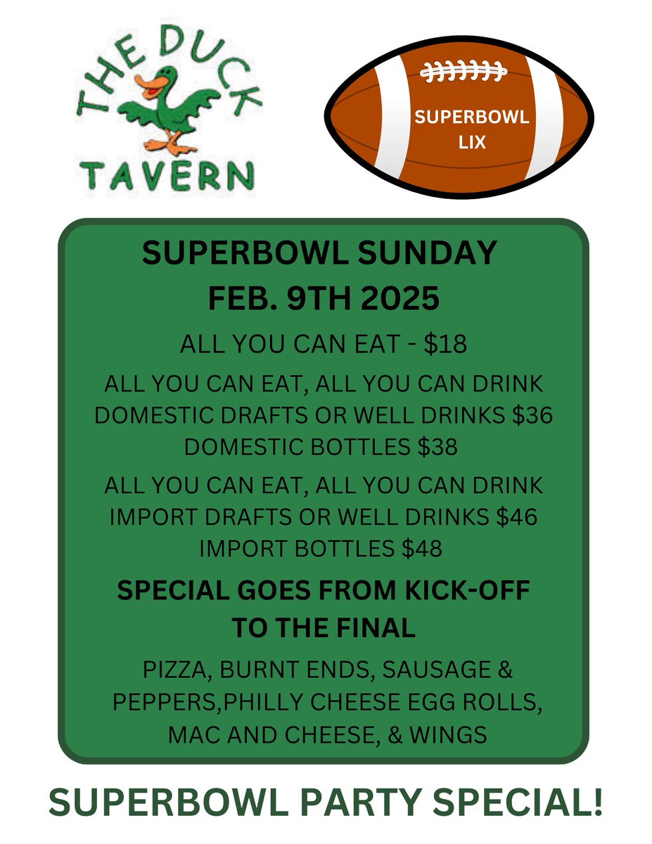 DuckTavernBoca's tweet photo. SuperBowl Eve! https://t.co/yaTVuEgLSD