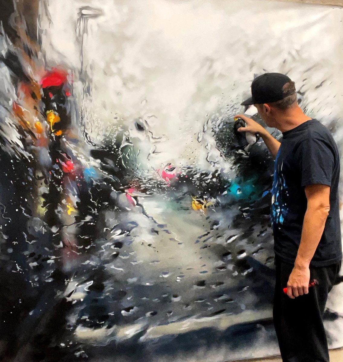 ‘Rainy windows’ - large scale artwork on canvas - a London rainy street as seen through a car windscreen - 7ft x 7ft acrylic and spray paint on canvas