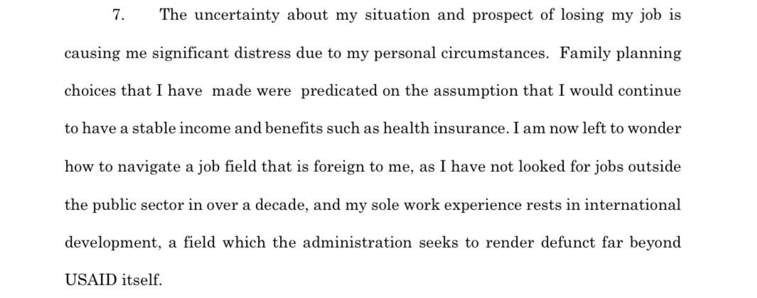 Politico linked some testimony by a USAID employee but its hard to sympathize. Her own choices should not cause the government to owe her a job.