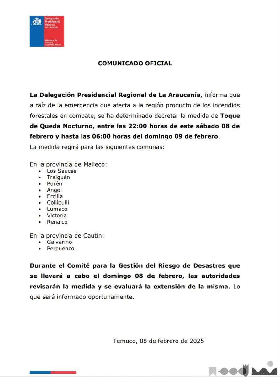 Sobre la medida de Toque de Queda Nocturno anunciado por el Presidente de la República, Sr. Gabriel Boric Font,  la Delegación Presidencial Regional de La Araucanía informa a la comunidad.