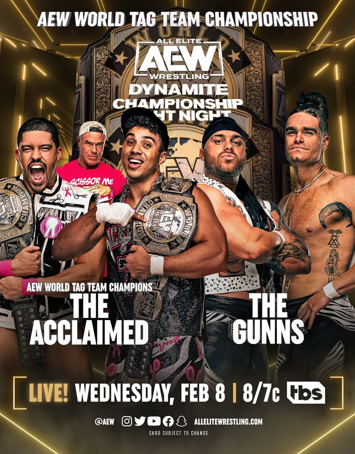 wrestle_hist's tweet photo. 2/8/2023

The Gunns defeated The Acclaimed to become the new AEW World Tag Team Champions on Dynamite from the El Paso County Coliseum in El Paso, Texas. 

#AEW #AEWDynamite #TheGunns #AustinGunn #ColtenGunn #GunnsUp #AssBoys #TheAcclaimed #MaxCaster #AnthonyBowens #BillyGunn https://t.co/bZRS22UdZs