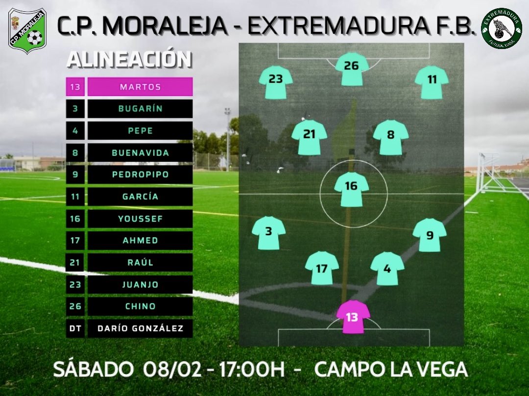 📋✅ ¡Nuestro 𝗫𝗜 inicial 🆚 <a href="/CPmoraleja/">C.P Moraleja</a> 

i 20’ para que empiece el encuentro !
#CPMoralejaExtremaduraFutbolBase #Juvenil #PrimeraDivision