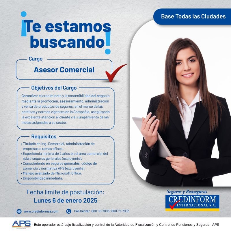 Credinform's tweet photo. ¡Forma parte de nuestro equipo! ¿Te entusiasma el mundo de los seguros? Esta es tu oportunidad para formar parte de nosotros como Asesor Comercial.
#BolsaEmpleo #Reclutamiento #Vacantes #OportunidadLaboral #Contratación #OfertaLaboral https://t.co/BZFprpAP2c
