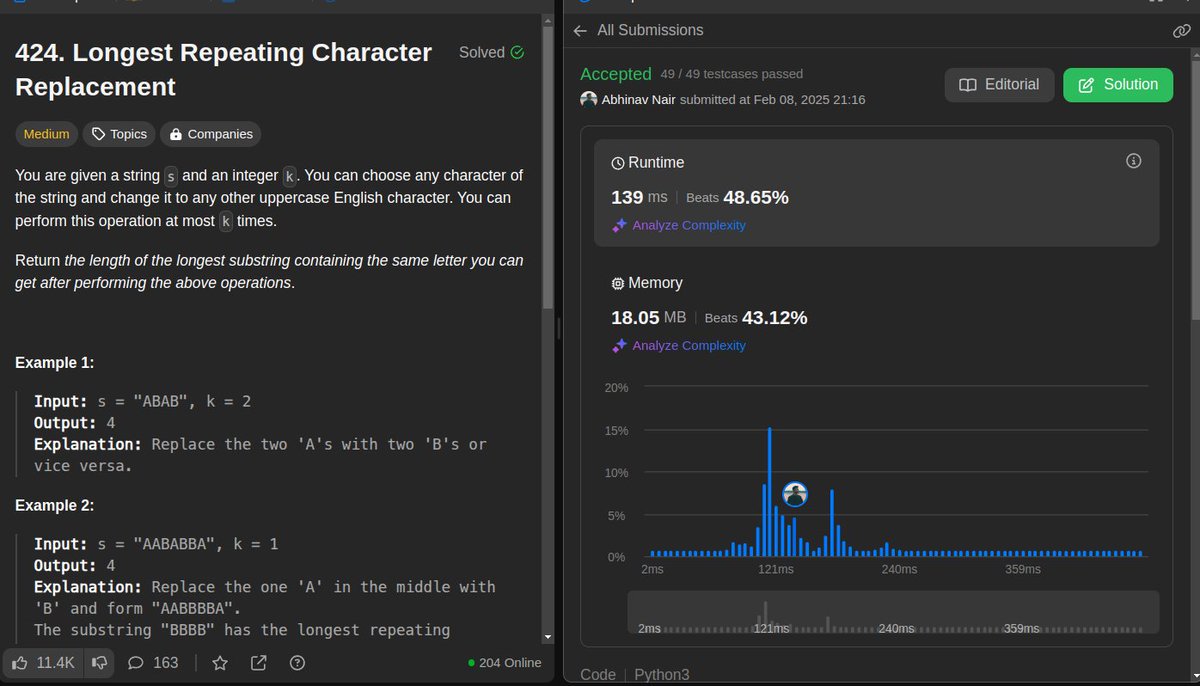 Abhinav_Nair13's tweet image. Day 105/200 of #LeetCodeChallenge!. Solved - 424. Longest Repeating Character Replacement
