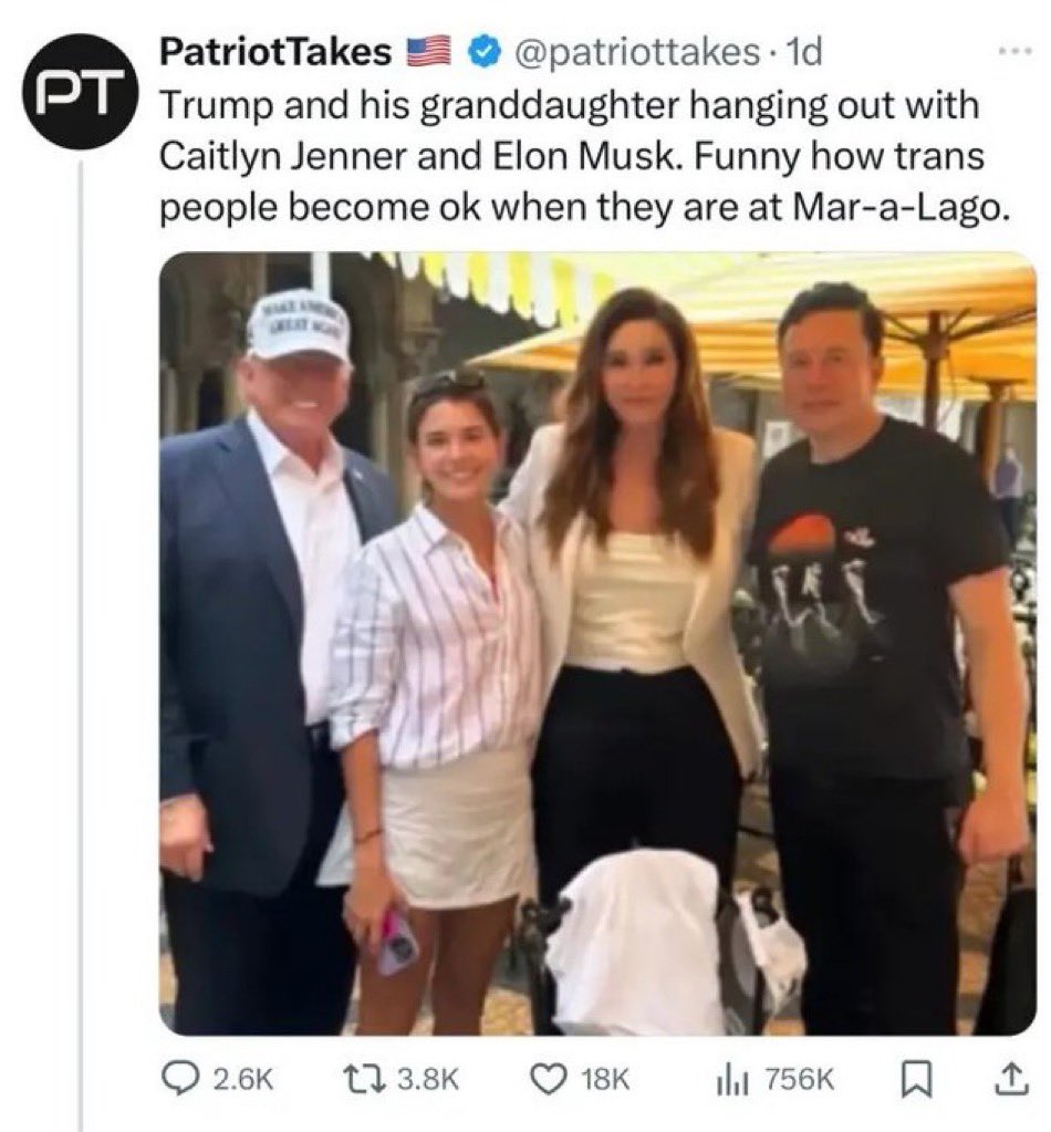 But I thought you hate all transgender people, <a href="/elonmusk/">Elon Musk</a> 

Are you a special Nazi exception, <a href="/Caitlyn_Jenner/">Caitlyn Jenner</a>? Because #ElonIsANazi whose own transgender daughter hates his Nazi guts over his transphobia

Plus <a href="/NancyMace/">Nancy Mace</a> doesn’t want you using the bathrooms at Mar-a-Lago