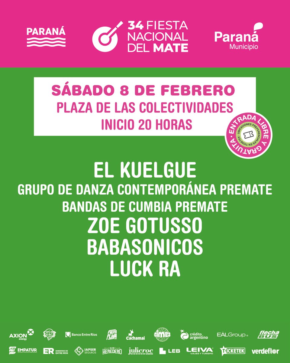 Día 2 #RECEBADOS 🥵🧉 Terminamos la fiesta más paranense con toda.

Nos encontramos temprano para disfrutar a El Kuelgue, Zoe Gotusso, Babasonicos y Luck Ra, junto con los ganadores del Premate.