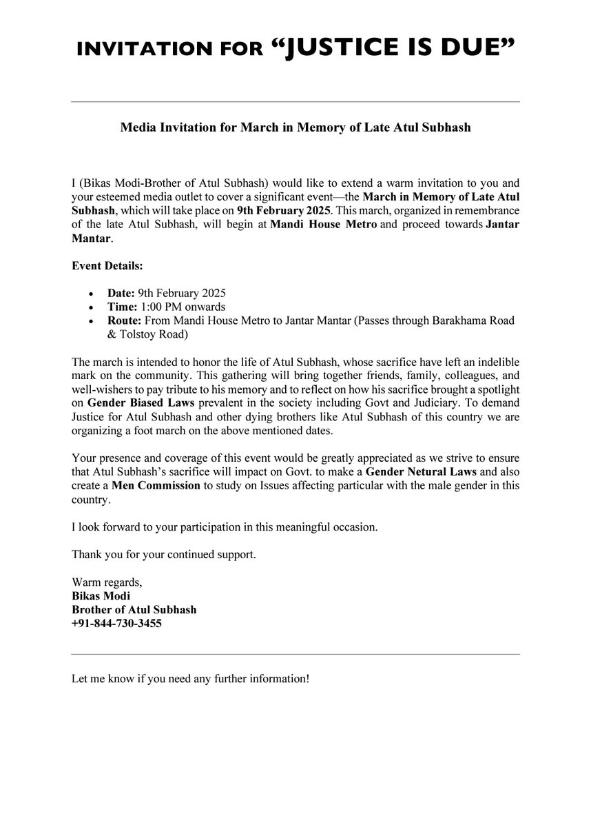 I request all to join the March tomorrow in memory of Late Atul Subhash.

Feb 9th Delhi, Time : 1PM.
Place : Mandi House 
#JusticeForAtulSubhash
#JusticeIsDue
<a href="/drdineshbjp/">Dr Dinesh Sharma BJP</a>
<a href="/bikas_cute/">Bikas Modi (Brother of Atul Subhash)</a>