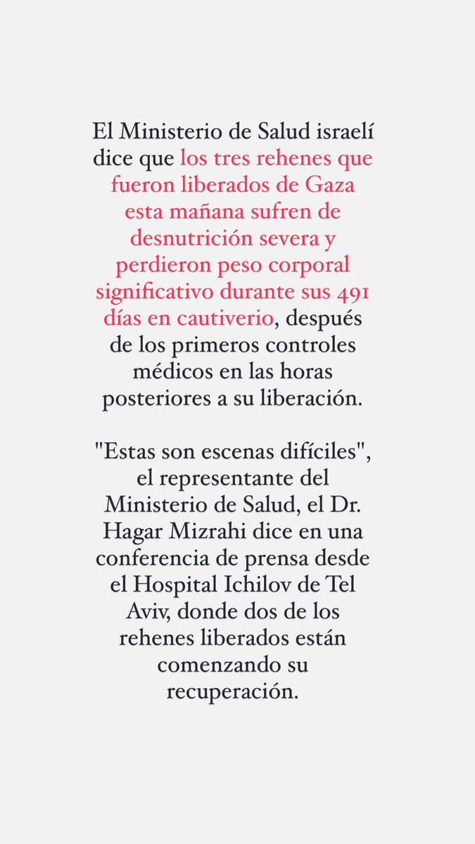 ComunidadesPlus's tweet photo. Sobre el estado de salud de los 3 rehenes liberados https://t.co/BX49Oyv6Ae