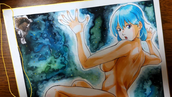 うひょー!!(゜∀゜)最後の最後で枠のマスキングテープをはがしたら色紙の表面も一緒にはがれちったよーんΣ(゜д゜lll)ガーン明日あたりに "訳あり品" としてBOOTHに登録してみるけど……ご了承いただければって感じだなぁ(;'Д`A ``` 