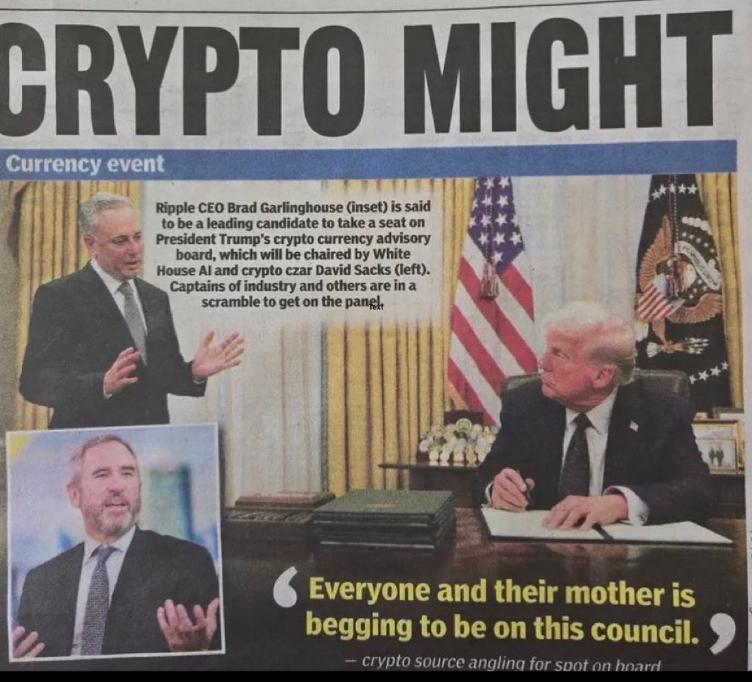 AbsGEC's tweet photo. BREAKING: 🇺🇸 Ripple CEO @bgarlinghouse Featured In Yesterday’s NY Post With President Trump!  

“Ripple CEO is set to be a Leading Candidate for President Trump’s Cryptocurrency Advisory Board!”

“Everyone & their mother is begging to be on this council” 🙌

Will the Ripple CEO Will Be Chosen For The Crypto Advisory Board? 🤔💭

Comment Below & Follow For More!!👇👇
#Ripple $XRP #Trump #Crypto