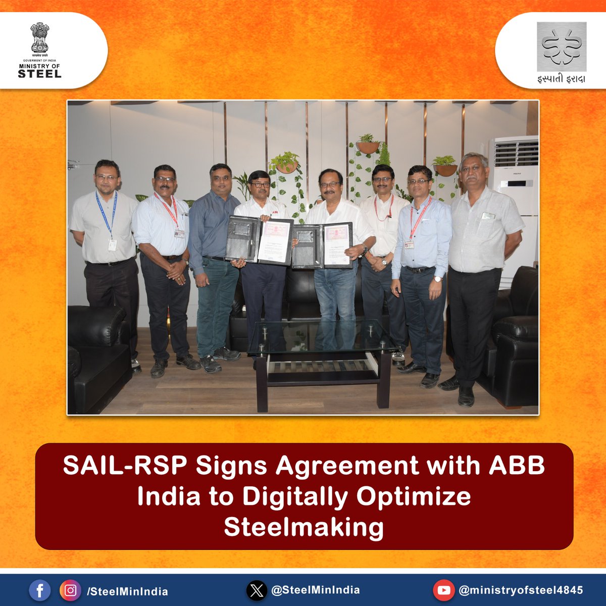 SteelMinIndia's tweet photo. #SAIL, #RourkelaSteelPlant signs an agreement with ABB India to drive digital optimization in steelmaking! This collaboration will enhance iron-making, steel production & raw material processes using data-driven models.
#DigitalSteel #SAILInnovation
@SAILsteel @sailrsp1 https://t.co/ys2TcRizZp