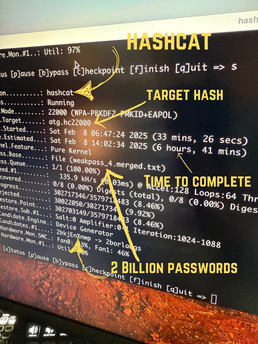 rowelldionicio's tweet photo. Trying hashcat to recover a WPA2 PSK from a pcap containing a 4-way handshake. Do I know what I’m doing? Probably not. Just trying to help someone out. https://t.co/kJwIt2b3cc