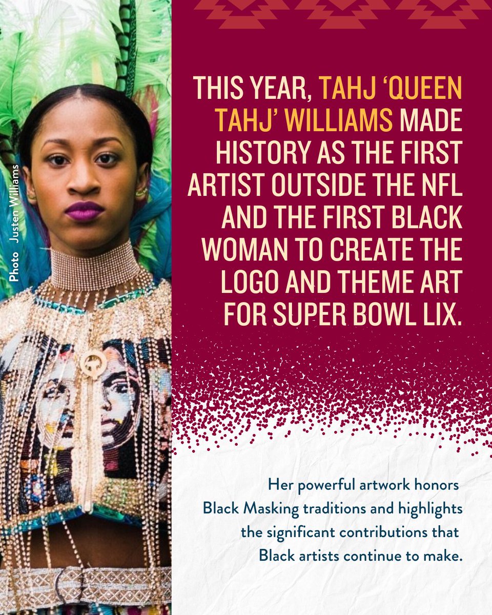 IllumiNative's tweet photo. As we tune into #SuperBowlLIX, let’s honor Tahj ‘Queen Tahj’ Williams’ historic artwork, celebrating the centuries-old tradition of Black Masking.

Let’s celebrate Black culture while also standing against racism. https://t.co/IvVCf5UBpa