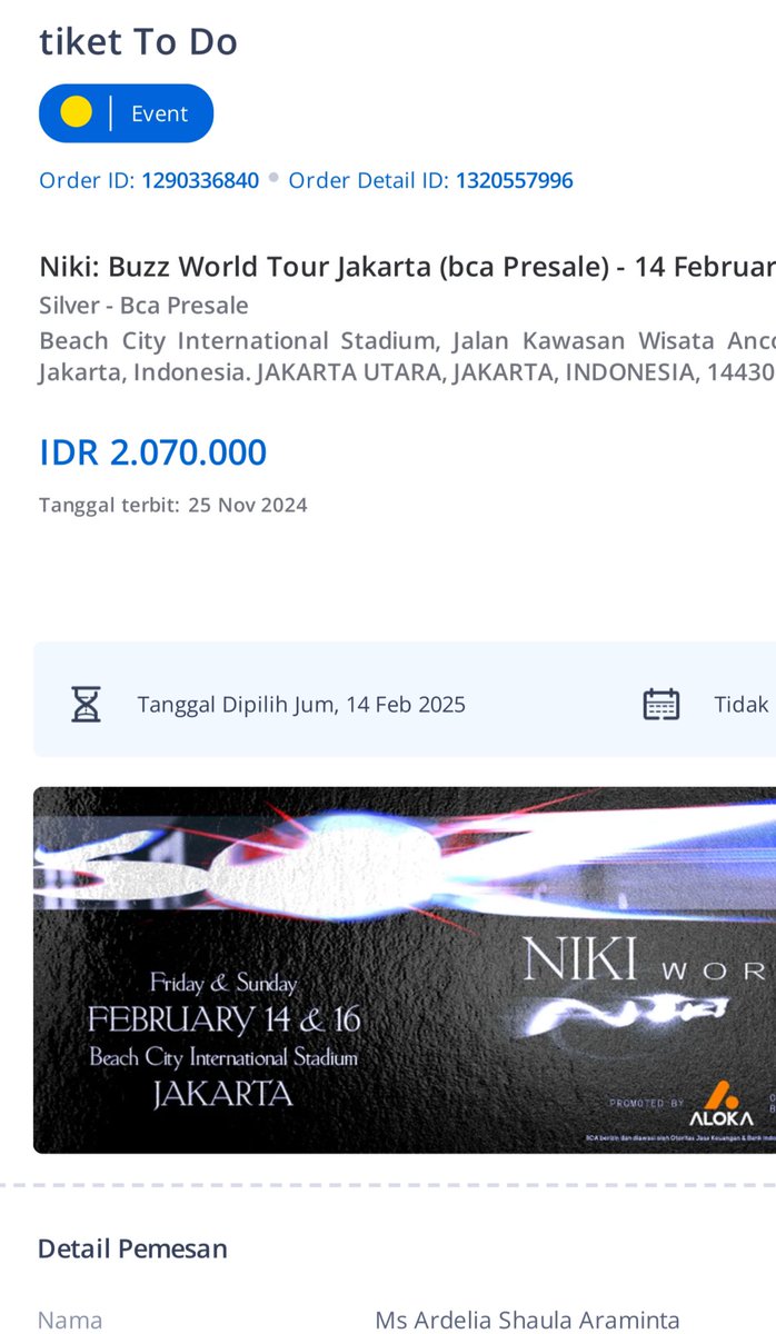 moonchild3e's tweet photo. WTS niki buzz tour⚡️

NIKI Buzz Tour Jakarta 14 Februari
Silver Seated - I -19
Price : 1.900.000
surat kuasa/ COD Venue
DM for info! https://t.co/giyKkZF0cE
