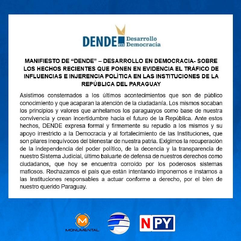 🔸 Este es el comunicado de DENDE sobre los escandalosos chats que "ponen en evidencia el tráfico de influencias e injerencia política en las instituciones de Paraguay".

#AM1080 📻