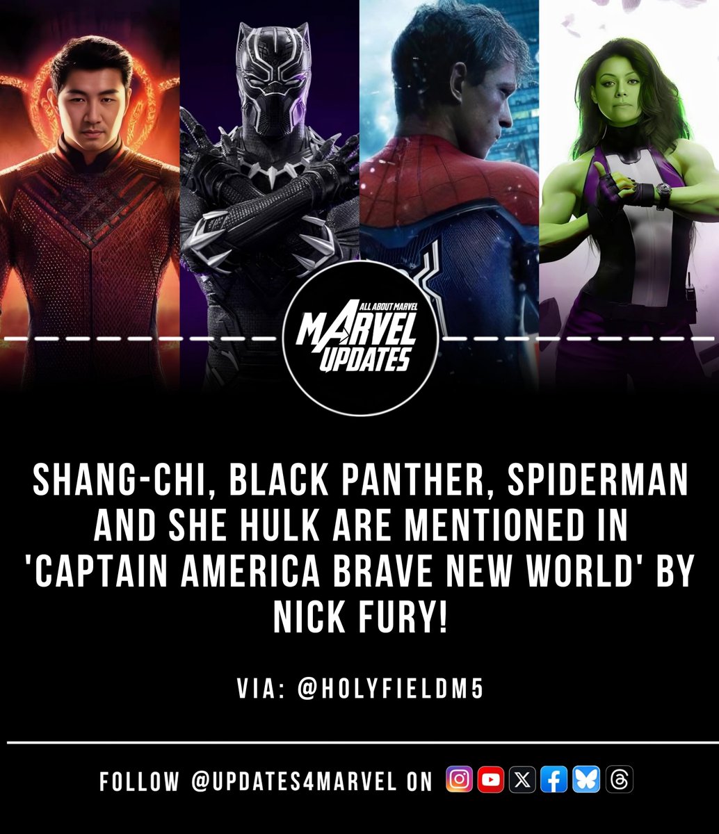 Updates4Marvel's tweet photo. Shang-Chi, Black Panther, Spiderman and She hulk are mentioned in 'CAPTAIN AMERICA BRAVE NEW WORLD' by Nick Fury.

(via: @HolyfieldM5) 

#Shangchi #BlackPanther #Spiderman #SheHulk #CaptainAmericaBraveNewWorld #NickFury https://t.co/YkZ5JJ2o8K