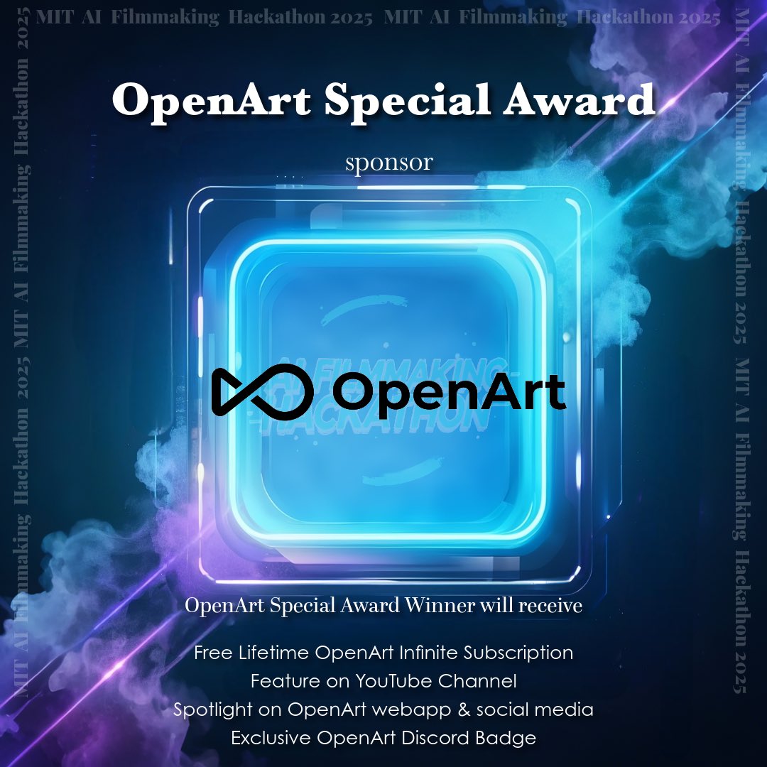 🏆Welcome@OpenArt as one of this year's MIT AI Filmmaking Hackathon Gold Level
💎 Prizes for OpenArt Special Award
- Free Lifetime OpenArt Infinite Subscription
- Feature on Our YouTube Channel
- Spotlight on OpenArt webapp &amp; social media
- Exclusive OpenArt Discord