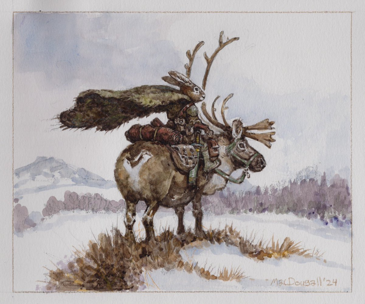 Winter Watch - Rabbit scout keeping watch over the scrublands. Watercolour.