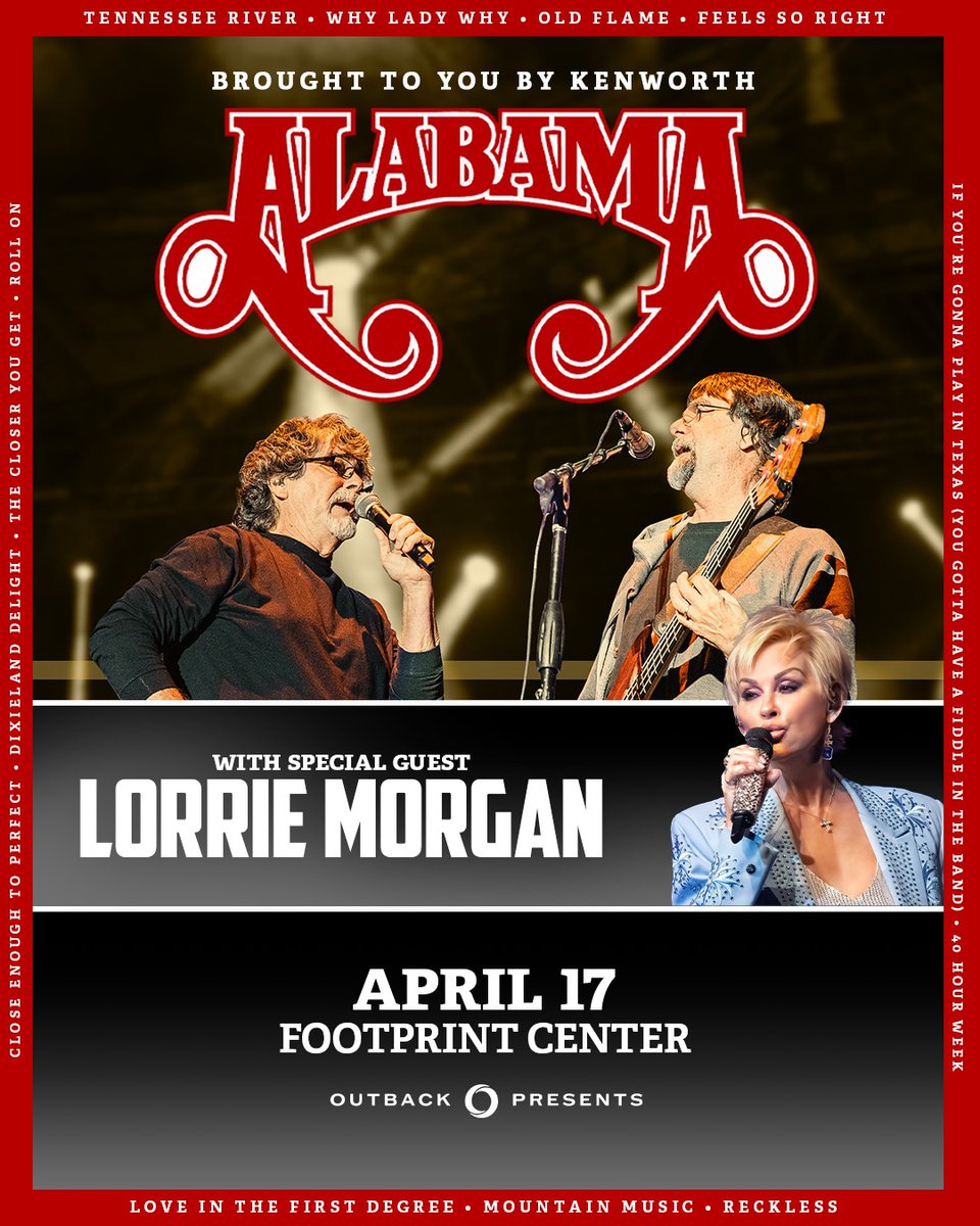 ON SALE NOW! Join me with <a href="/TheAlabamaBand/">ALABAMA</a> at @FootprintCNTR this April 17 in Phoenix, AZ! Get tickets before it's too late, and we can't wait to see you at the show. Save your seat at Lorrie.com! #LiveMusic #OnTour #Arizona #LorrieMorgan #AlabamaBand
