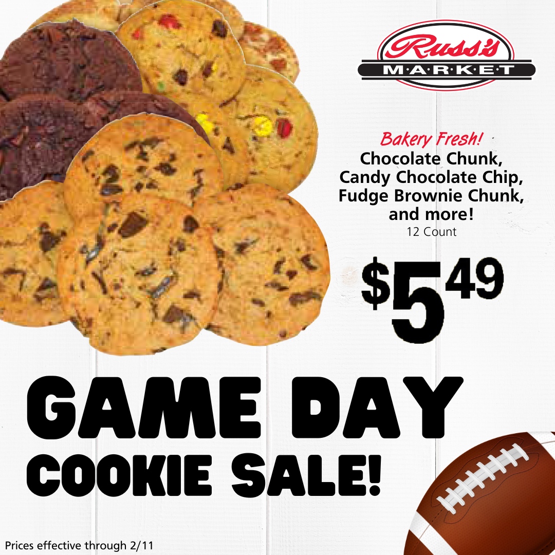 RussMarket's tweet image. Don't forget the sweet treats for the Big Game! Pick up a couple of 12-packs of our bakery fresh cookies in your favorite flavors, and enjoy! 

#Cookies #CookieSale #GameDay #BakedGoods #FreshBaked #CookieTime #Bakery