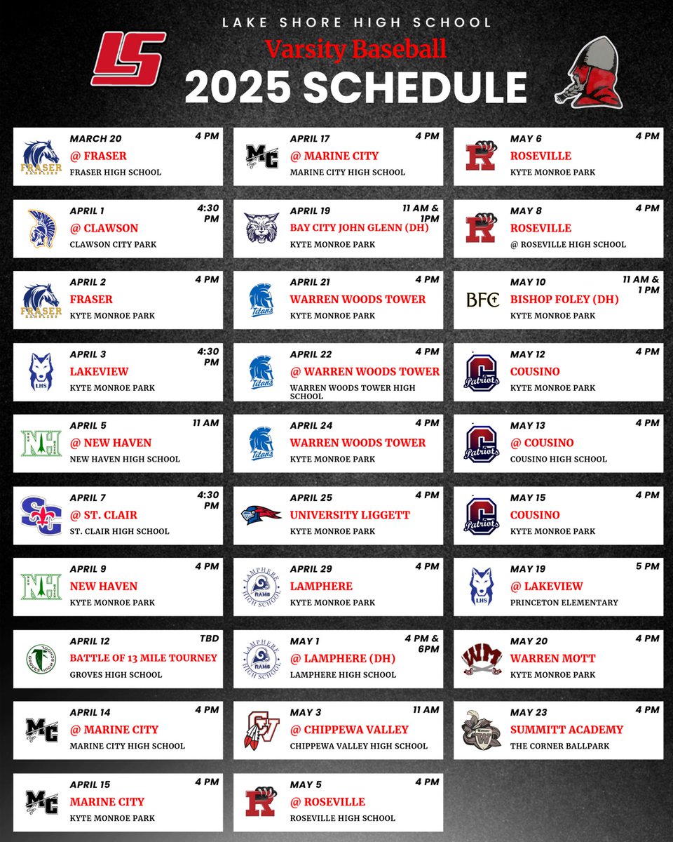 2025 Lake Shore Varsity Baseball Schedule ⚾️