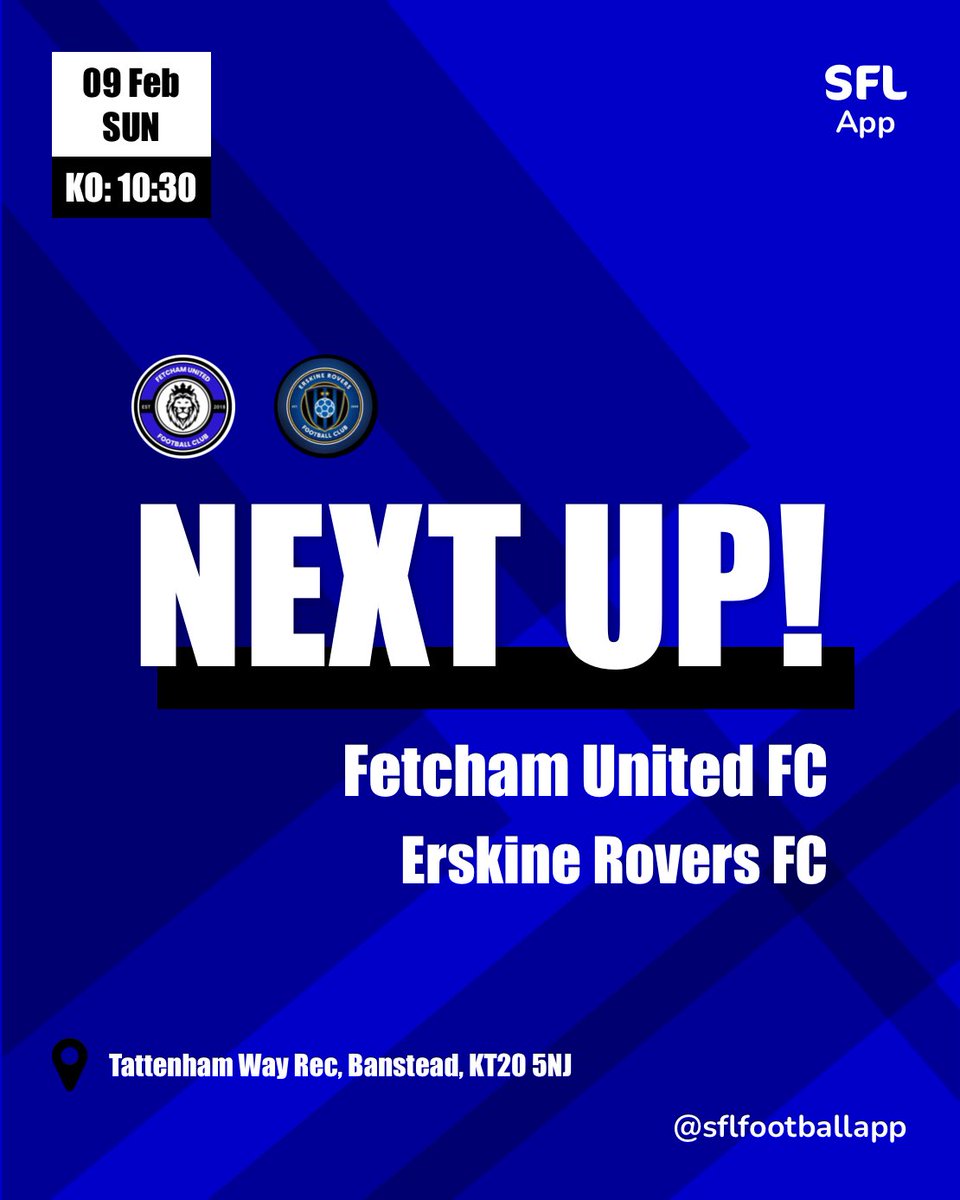 League match 12
🗓️09/02/2025
🆚Erskine Rovers FC (Home)
🤝LDSFL Division 5 
📍Tattenham way rec, KT20 5NJ
🕥1030 KO

Not much to say for this one. Three points is an absolute must. 

See you tomorrow, UTF💙
