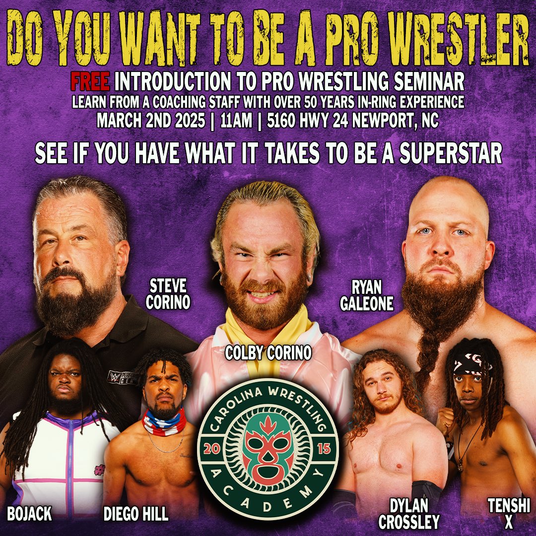 ❓DO YOU WANT TO BE A PRO WRESTLER❓

The Carolina Wrestling Academy will be hosting a FREE spring tryout for anyone interested in becoming a professional wrestler!

Register today by emailing PWFProWrestling@gmail.com!