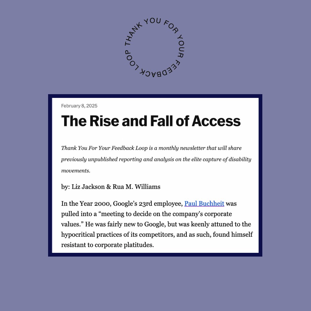 Thank You For Your Feedback Loop is a monthly newsletter that will share previously unpublished reporting and analysis on the elite capture of disability movements.

The first post, "The Rise and Fall of Access" is available now.

buttondown.com/TYFYFL/archive…