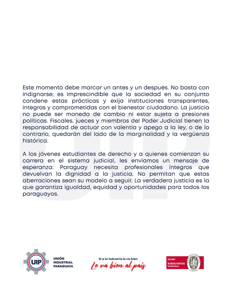 UIP_py's tweet photo. #PronunciamientoInstitucional 
Paraguay no puede tolerar una justicia sometida al tráfico de influencias.
#UIP #Paraguay #Justicia https://t.co/u78Lu9QBuf