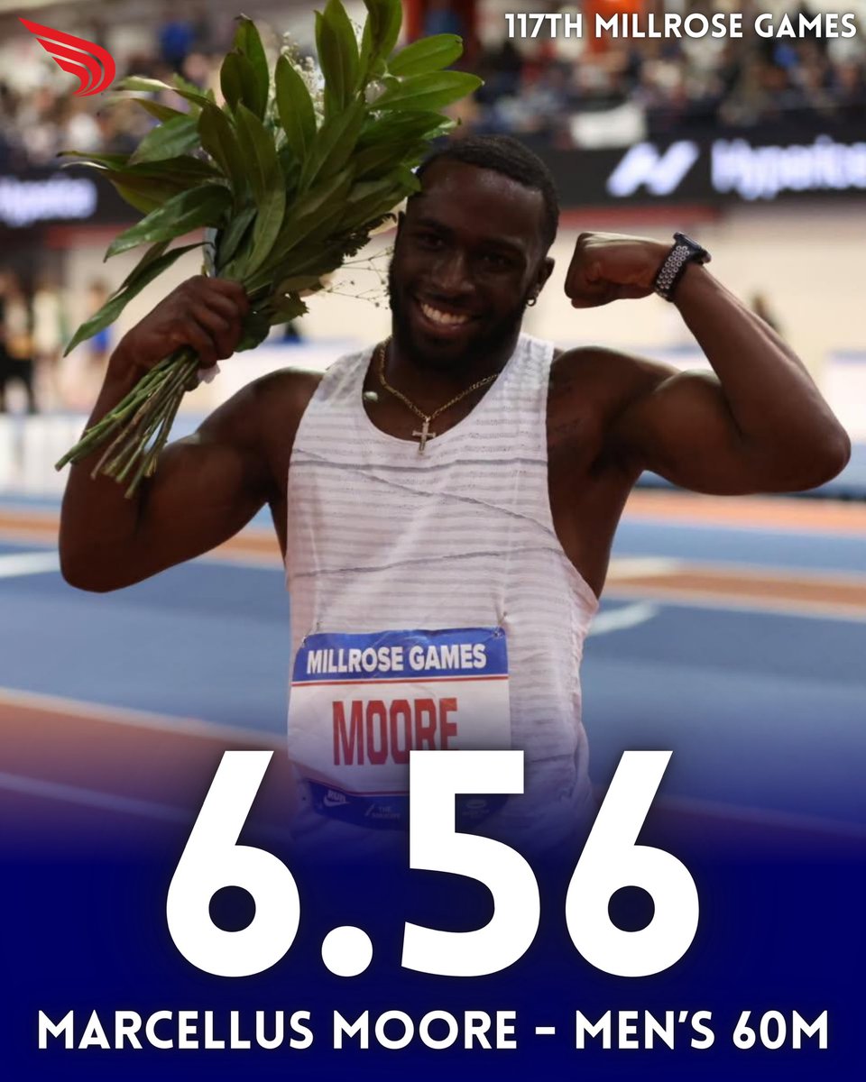 How about that for a showing?!

<a href="/_marcellusmoore/">Marcellus Moore</a> clocks a personal best to take down a tough field in the men’s 60m at <a href="/MillroseGames/">Millrose Games</a>. 

📸: John Nepolitan