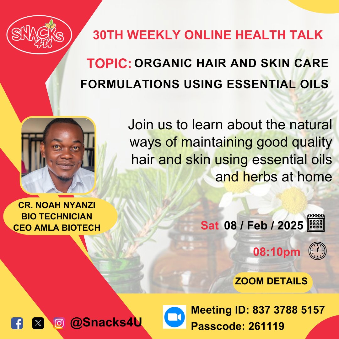 Snacks4U_'s tweet photo. On the 30th weekly online health talk, we're discussing organic hair and skincare formulations using essential oils. 

Join us.🤗 https://t.co/LrWEqNBnKK