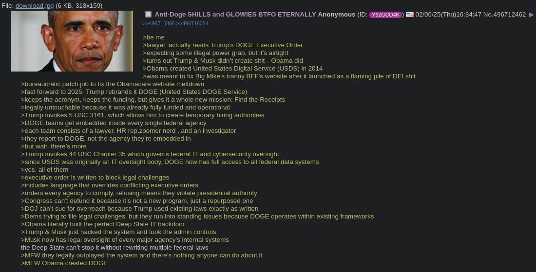 profstonge's tweet image. Turns out Obama created DOGE. And it's legally airtight 🫡