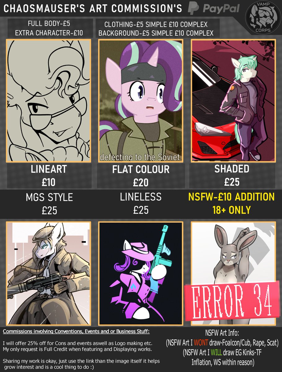 (🖊️🖌️2025 Commission Sheet🖌️🖊️)

I do Furry, Pony/MLP and other fandom art too!
If you would like a Commission feel free to Message me or DM Below!

For Conventions, Events and Musicians Etc. There is a 25% Discount to help provide Art within budgets <3

Paypal &amp; Kofi only <3