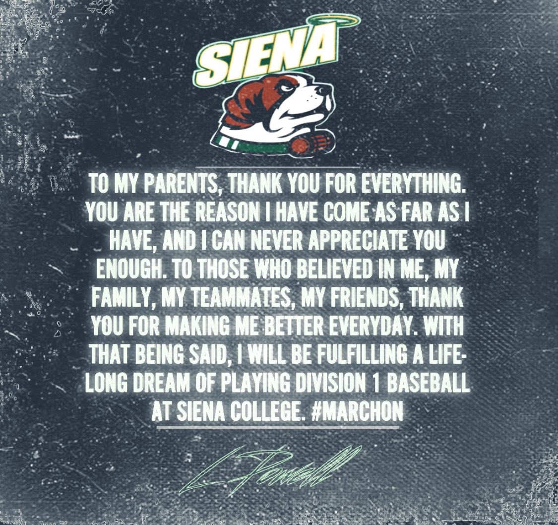 Logan Powell ‘26 (@loganpowell__) on Twitter photo Reppin’ Lusby 4L ❤️
Thank you Coach Jurczynski and the rest of the staff for the opportunity to play Division 1 baseball. With that being said, I will be committing to Siena College.
<a href="/pax_baseball/">Pax Baseball</a> <a href="/301Catching/">301_Catching</a> <a href="/SSaraullo/">Coach Saraullo</a> <a href="/daverinehart45/">Dave Rinehart</a> <a href="/TasisJonathan/">jonathan Tasis</a> <a href="/coachcrounse/">Coach Crounse</a> <a href="/draetown/">Dr. Andraé Townsel</a> Reppin’ Lusby 4L ❤️
Thank you Coach Jurczynski and the rest of the staff for the opportunity to play Division 1 baseball. With that being said, I will be committing to Siena College.
<a href="/pax_baseball/">Pax Baseball</a> <a href="/301Catching/">301_Catching</a> <a href="/SSaraullo/">Coach Saraullo</a> <a href="/daverinehart45/">Dave Rinehart</a> <a href="/TasisJonathan/">jonathan Tasis</a> <a href="/coachcrounse/">Coach Crounse</a> <a href="/draetown/">Dr. Andraé Townsel</a>
