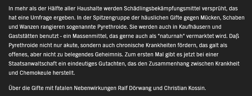 Alranshen's tweet image. Ich bin  #Pyrethroid-Geschädigter. Was d für heimtückisches Zeug ist, war 1998 umfangreich bekannt. Erst 2025 wurde 1 Verbot zum freien Verkauf durchgesetzt. Ich hoffe, es wird bei #MECFS &amp;amp; #LongCovid nicht so lange dauern &amp;amp; man lernt aus Versäumnissen.
ndr.de/fernsehen/send…