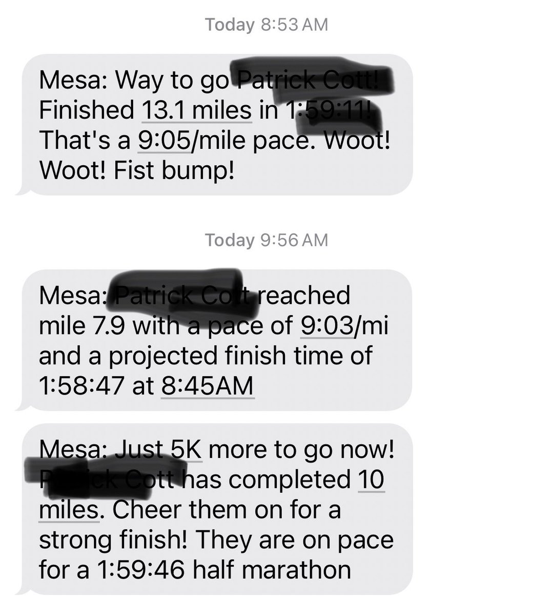 YesMissWin's tweet photo. And more @MesaMarathon IT fails…getting progress texts AFTER the finish text and well after the runner is done. https://t.co/jMv60mGGJu