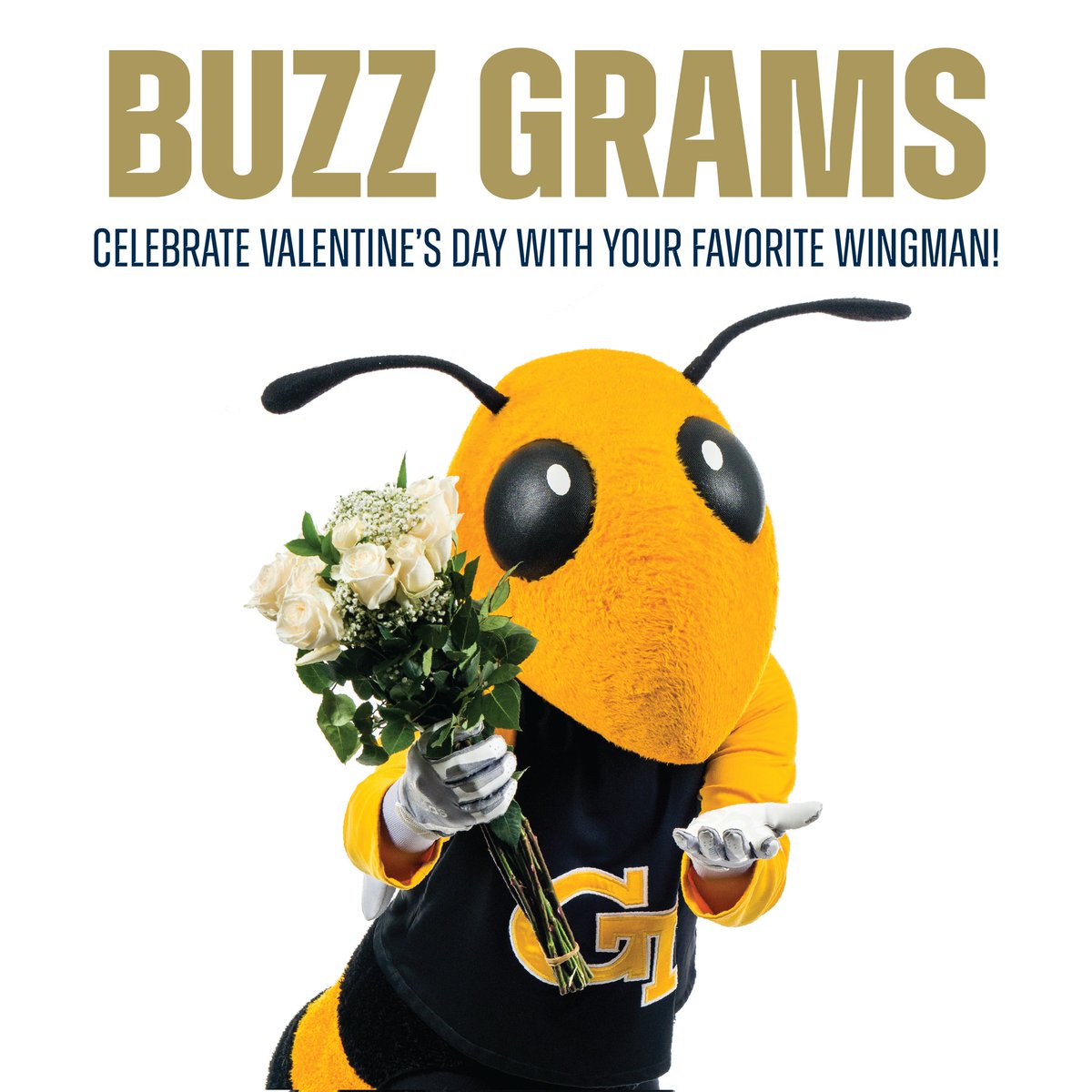 Last chance to order a Buzz Gram before Valentine's Day! Send roses, chocolates, and a visit from me to your special someone. 
Buzz Grams start at $55, and GT students receive a discounted price of $40. Spots are limited. Order now forms.office.com/r/Yb0M0pJ04h