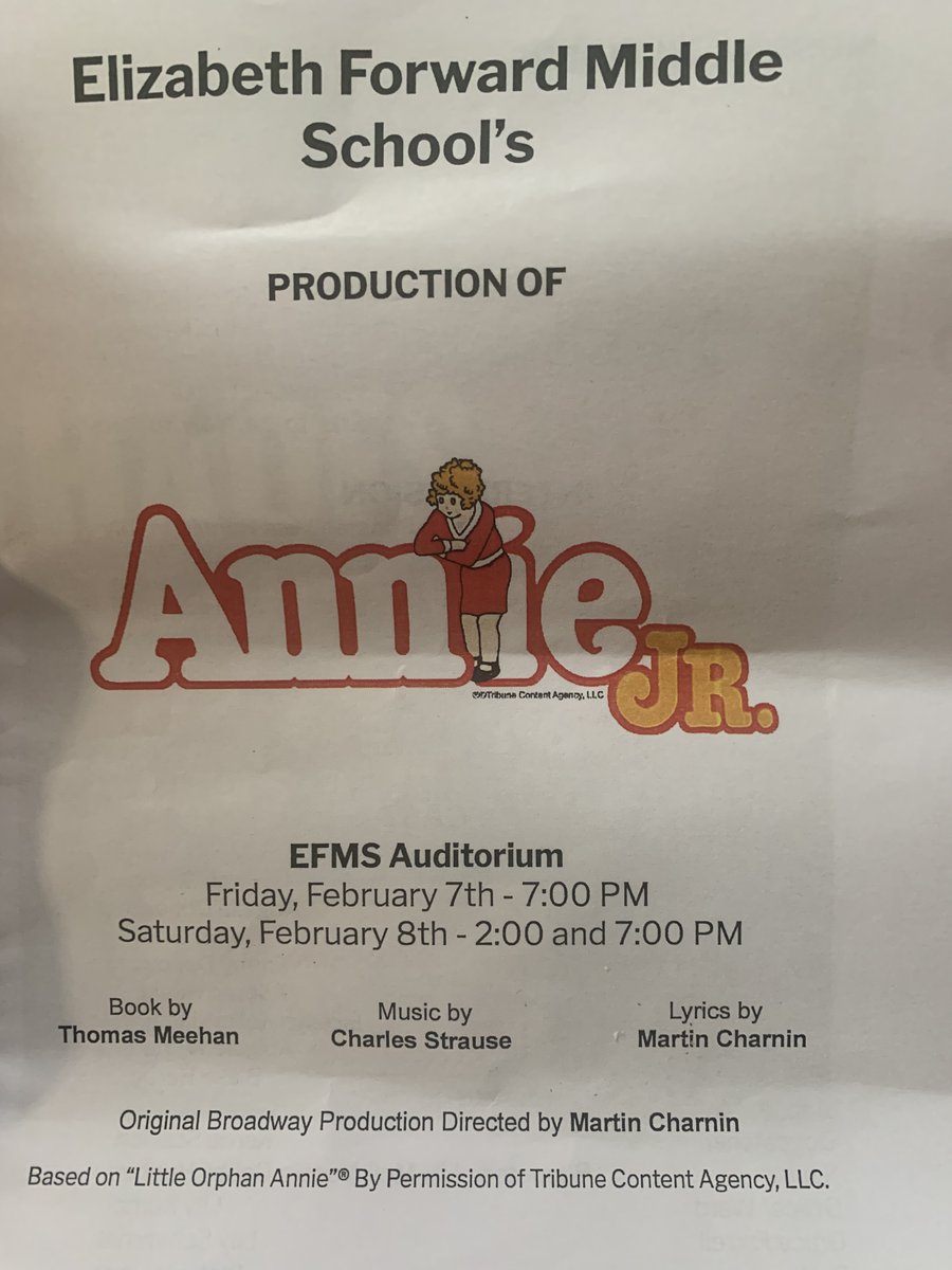 Benjamin Cook (@benjaminccook) on Twitter photo Congratulations to all of the Elizabeth Forward Middle School students and the adult production staff on an outstanding performance of the musical "Annie Jr." yesterday evening. <a href="/EFMSWarriors/">Elizabeth Forward Middle School</a> <a href="/Mr_Popowitz/">Dr. Popowitz</a> <a href="/martell_trisha1/">Trisha Martell</a> Congratulations to all of the Elizabeth Forward Middle School students and the adult production staff on an outstanding performance of the musical "Annie Jr." yesterday evening. <a href="/EFMSWarriors/">Elizabeth Forward Middle School</a> <a href="/Mr_Popowitz/">Dr. Popowitz</a> <a href="/martell_trisha1/">Trisha Martell</a>