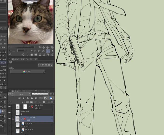 お手々とぴすとる 今日はおしまい。おしゃべりしながら楽しく描いていたら線画まで終わったよ。皆様の創作の秘密聞いちゃった。文字書きさんには文字書きさんの、絵描きには絵描きの苦労があるんだよなー