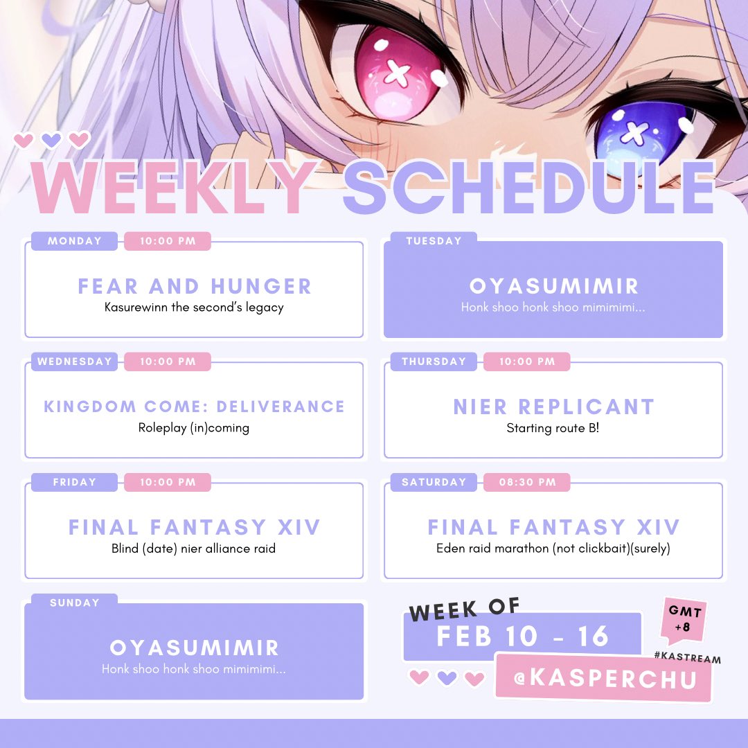 kasperchuunya's tweet photo. ʚɞ ⁺˖ ⸝⸝
—Weekly Schedule
February 10 - February 16
It is the week of love! That means it’s time to roleplay to fill the void in my heart 👍🏻
This week’s menu is funger, kingdom come, nier, and ffxiv rotting :3
#KaSTREAM
🎀: https://t.co/raMMJgUABC https://t.co/rKBR52BSaU