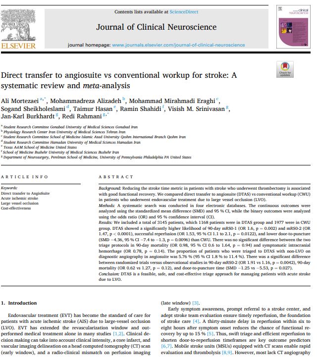 Ali Mortezaei (@alimortezaei97) on Twitter photo 🚨Hot of press!
Every second counts in stroke care! Direct transfer to angiosuite (DTAS) is safe & effective compared to conventional triage for LVO strokes.
Special thanks to team for great work and Drs <a href="/RahmaniRedi/">Redi Rahmani</a> <a href="/JanKarlBurkhar1/">Jan-Karl Burkhardt, MD</a> <a href="/visishs/">Visish M. Srinivasan, MD</a> for guidance.
sciencedirect.com/science/articl… 🚨Hot of press!
Every second counts in stroke care! Direct transfer to angiosuite (DTAS) is safe & effective compared to conventional triage for LVO strokes.
Special thanks to team for great work and Drs <a href="/RahmaniRedi/">Redi Rahmani</a> <a href="/JanKarlBurkhar1/">Jan-Karl Burkhardt, MD</a> <a href="/visishs/">Visish M. Srinivasan, MD</a> for guidance.
sciencedirect.com/science/articl…
